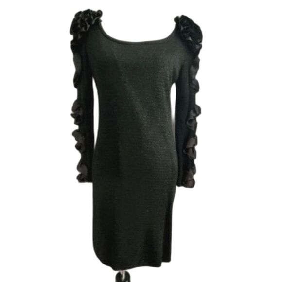 Carol Mignon Boutique 90s Black Sparkle Ruffle Ribbon Bodycon Cocktail Dress - Picture 3 of 11